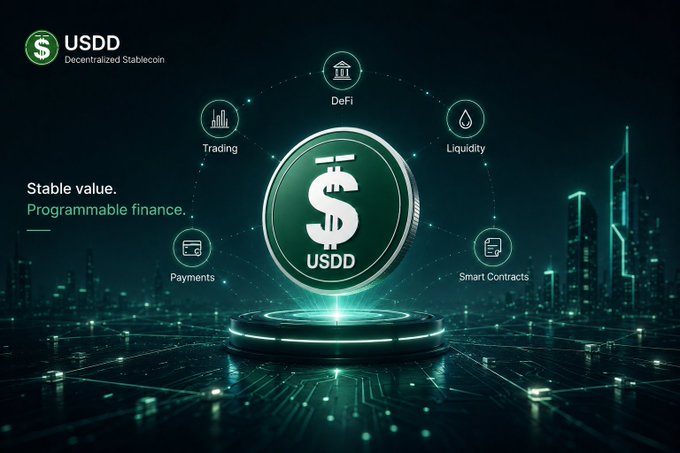 A promotional graphic for USDD (Decentralized Stablecoin) featuring a glowing green coin over a cityscape, highlighting its use cases: DeFi, Trading, Liquidity, Payments, and Smart Contracts.