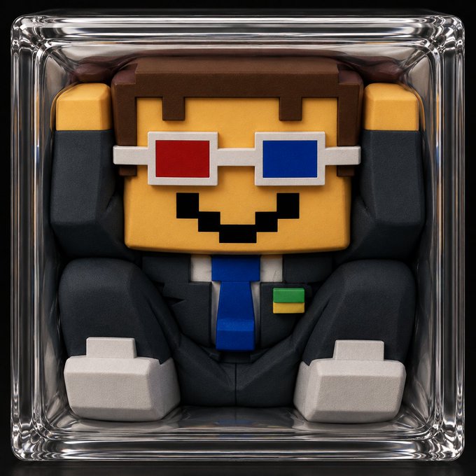 A 3D rendered voxel-style figurine of a character with a yellow pixelated face, brown hair, red and blue 3D glasses, and a black suit with a blue tie, displayed inside a glass cube.