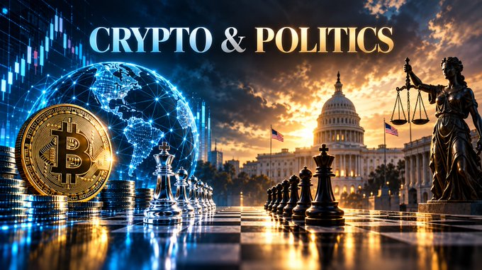 A composite graphic titled 'CRYPTO & POLITICS' shows a large Bitcoin beside a glowing globe, facing off against chess pieces with the US Capitol and Lady Justice in the background.