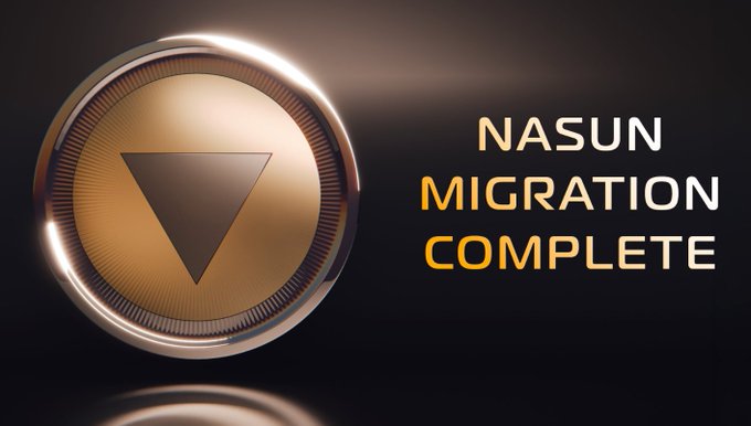 A graphic showing a golden circular emblem with a triangle inside, labeled "NASUN MIGRATION COMPLETE".