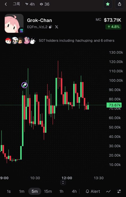 A cryptocurrency trading chart showing 'Grok-Chan' (EQFm_VzL2) with a market cap of $73.71K and 507 holders, displaying candlestick price movements over a 5-minute interval.
