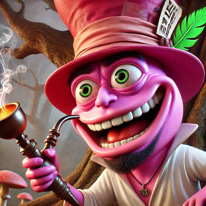 A vibrant digital artwork of a wide-eyed, pink-skinned character wearing a large pink top hat adorned with a feather, holding an ornate smoking pipe.