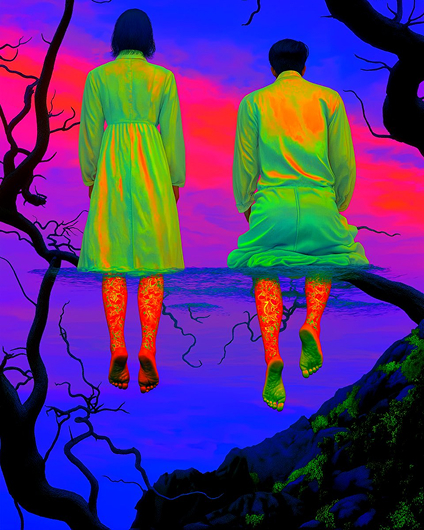 A surreal, psychedelic digital artwork showing two figures in bright green coats with their backs turned, with vivid red/orange legs and feet, set against a pink and purple landscape with silhouetted trees.