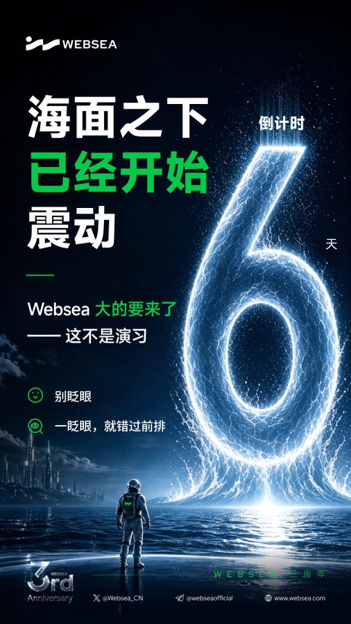 A dramatic Websea 3rd anniversary poster featuring a glowing countdown "6" hovering over the ocean, with an astronaut facing the water under a starry sky, and Chinese text reading "海面之下已经开始震动" (The sea is already beginning to shake) alongside "倒计时 6 天" (6-day countdown), visually building anticipation for the next chapter of the platform's three-year journey.