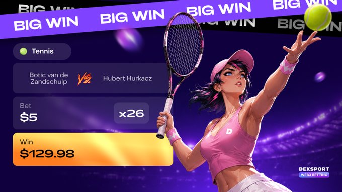 A sports betting promotional graphic from DEXBET for a tennis match, showing 'BIG WIN' banners. The bet was $5 on Botic van de Zandschulp vs. Hubert Hurkacz with a 26x multiplier, resulting in a win of $129.98, illustrated by an anime-style tennis player.