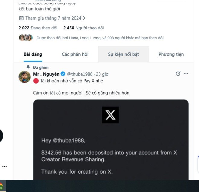 A Vietnamese social media post by 'Mr. Nguyễn' (@thuba1988) shares a notification stating '$342.56 has been deposited into your account from X Creator Revenue Sharing.'