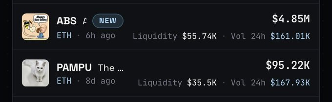 The image shows a cryptocurrency listing panel comparing two tokens: **$ABS** (market cap $4.85M, liquidity $55.74K, 24h volume $161.01K, marked "NEW") and **PAMPU** (market cap $95.22K, liquidity $35.5K, 24h volume $167.93K), both on the ETH network. The visual directly supports the post's argument by highlighting the stark valuation gap between the two, with PAMPUs significantly lower market cap despite comparable liquidity and higher trading volume.