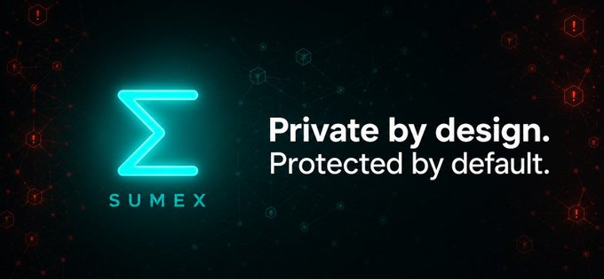 A dark banner for Sumex featuring a glowing cyan logo and the tagline 'Private by design. Protected by default.' with red network-like graphics in the background.