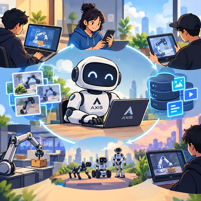 An illustrated promotional graphic for 'AXIS' showing a friendly white robot at a laptop with multiple users contributing data, robotic arms, and various devices connected in a network.