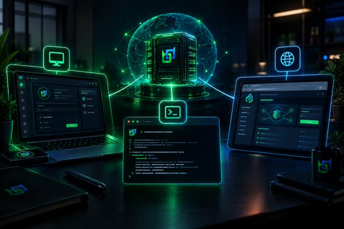 A futuristic dark workspace featuring multiple laptops and devices displaying a dashboard centered around a glowing server tower with a green and blue logo.
