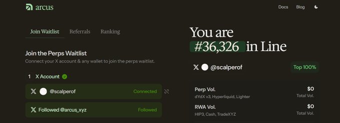 A screenshot of the Arcus website showing 'Join the Perps Waitlist' with X account @scalperof connected and followed @arcus_xyz, displaying the position '#36,326 in Line' with 'Top 100%' status and $0 volume.