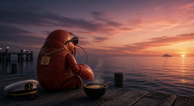 An anthropomorphic lobster in sunglasses, a gold chain, and a captain's hat sits on a wooden dock at sunset, eating from a steaming bowl while gazing out at a distant yacht. The scene visually echoes the post's metaphor of a crypto investor patiently waiting for their long-promised "wen yacht" moment, watching it on the horizon while still humble enough to enjoy a simple meal on the dock.