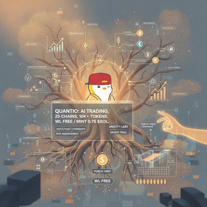 Illustrated promotional graphic for Quantio: AI Trading on 25 chains, featuring a bird mascot in a red cap surrounded by trading data and tree imagery, with WL Free / Mint 0.75 $SOL.