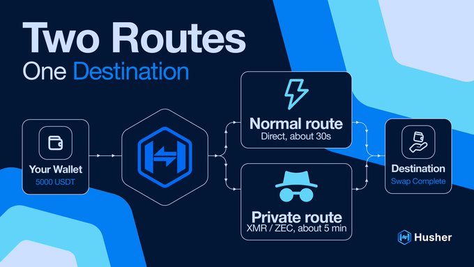 An infographic for Husher titled "Two Routes One Destination" showing a swap from a wallet with 5000 USDT, offering a "Normal route" (about 30s) and a "Private route" using XMR/ZEC (about 5 min) to reach the destination.