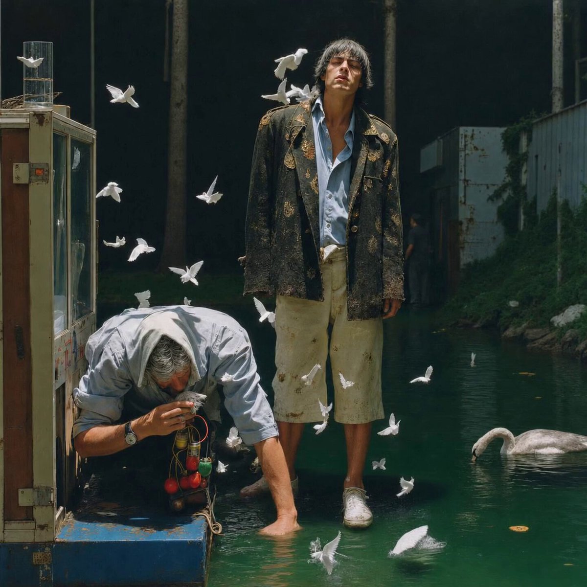 The image shows two men standing near a body of water, with several birds flying around them. One man has his head down while the other stands next to him. The scene appears to be set up for an art exhibition or photography project, as indicated by the caption "Encounter 013 1 hour left. Current bid: 0.1 eth thank you @suparno67 for starting this one off. daily.xyz/exhibition/dai".