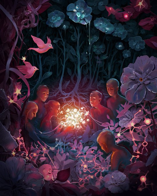 A surreal digital painting depicting bald figures gathered around a glowing central object, surrounded by oversized purple flowers, flying pink birds, and glowing stars in a dark forest setting.