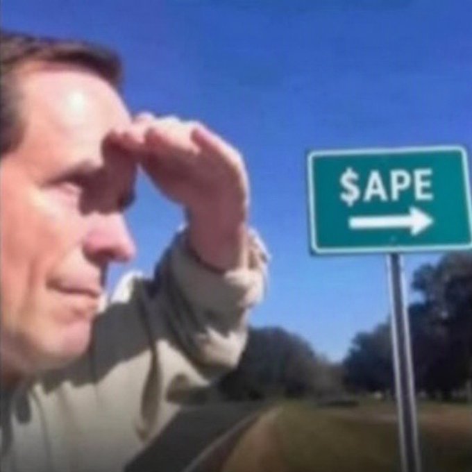 A man shields his eyes from the sun while looking into the distance beside a green road sign labeled '$APE' with an arrow pointing right, referencing a popular crypto meme.