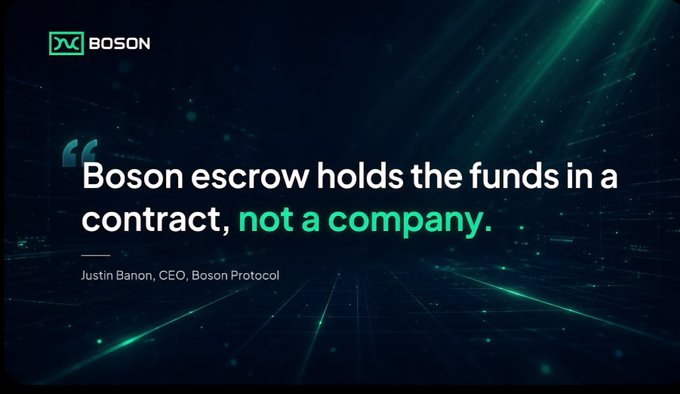 A dark, futuristic promotional graphic for Boson Protocol features a quote from CEO Justin Banon highlighted in white and teal text: "Boson escrow holds the funds in a contract, not a company." The image reinforces the accompanying post's theme by visually emphasizing the protocol's reliance on trustless, automated onchain contracts rather than corporate intermediaries for machine-to-machine commerce.