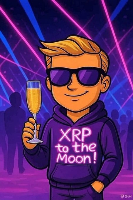 A cartoon of a blonde character wearing sunglasses and a purple hoodie reading "XRP to the Moon!" while holding a champagne glass against a neon background.