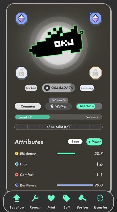 Mobile app interface showing a sneaker NFT with attributes including Efficiency 50.7, Luck 1.6, Comfort 1.1, and Resilience 99.0, at Level 12.