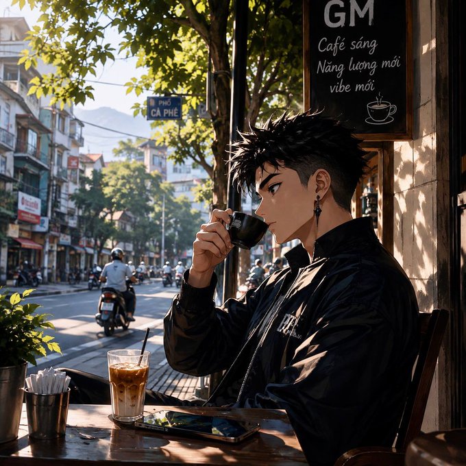 Anime-style illustration of a young man drinking coffee at a café with 'GM Café sáng Năng lượng mới vibe mới' written on a chalkboard sign.