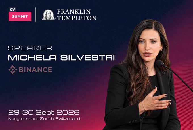 A promotional graphic for a 'CV SUMMIT' event at 'Kongresshaus Zurich, Switzerland' on '29-30 Sept 2026', sponsored by 'FRANKLIN TEMPLETON'. It features 'SPEAKER MICHELA SILVESTRI' from 'BINANCE', showing a woman with long dark hair speaking at a microphone.