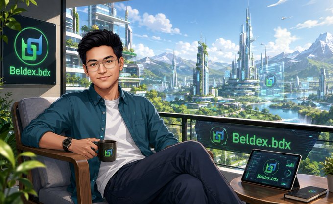 A digital illustration of a young man wearing glasses and a teal shirt sitting in a chair holding a mug, with a futuristic cityscape and 'Beldex.bdx' logo visible.
