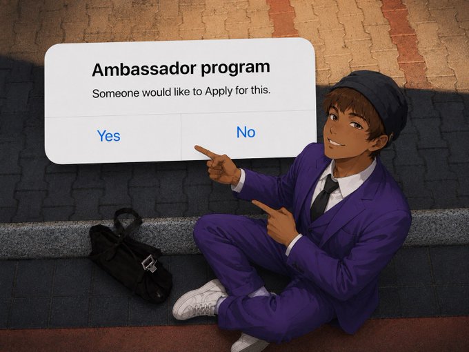 An animated illustration of a man in a purple suit pointing at a notification that reads 'Ambassador program - Someone would like to Apply for this. Yes / No'.