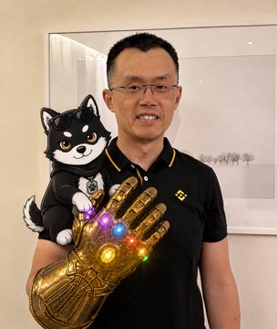 A man wearing glasses and a black polo shirt holds a stuffed husky and wears a golden Infinity Gauntlet with glowing colored stones.