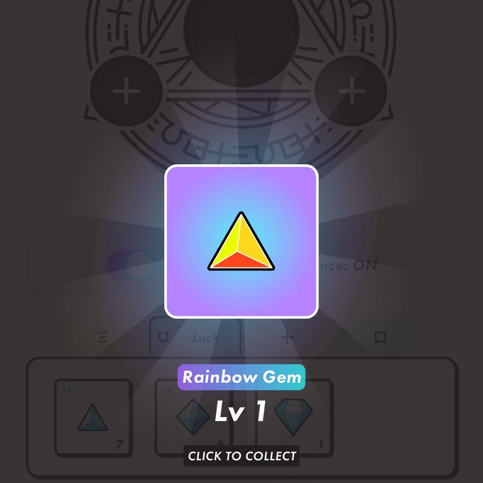 The image features a square-shaped object with a triangle at its center, which has a rainbow gemstone symbol on it. Below the image, there's text that reads "Rainbow Gem" followed by "StepN 困る". This suggests that the image is related to a game or an interactive experience where players can collect items or characters called 'rainbows'. The post also includes a button for users to click and learn more about the item.