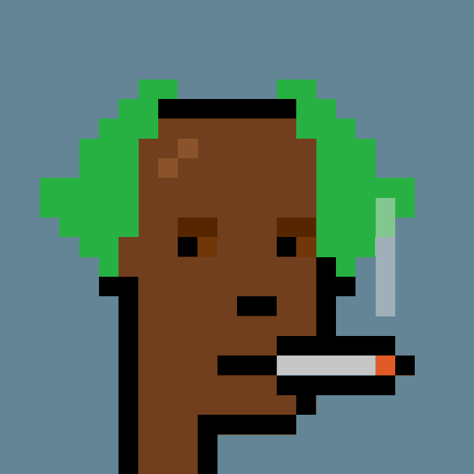 This pixel art image depicts CryptoPunk #9060, a distinctive NFT character featuring green hair, dark skin, and a cigarette, set against a blue background. The image accompanies a post announcing the recent sale of this particular punk for 33.39 ETH (approximately $63,031 USD).