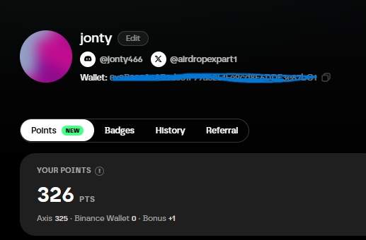 A dark-themed digital profile page for the user 'jonty' showing connected accounts like Discord (@jonty466) and X (@aldropexpart1), with a redacted wallet address and a 'YOUR POINTS' section displaying '326 PTS'.