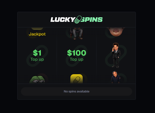 The image displays a "LUCKY SPINS" gambling-style interface showing top-up options of $1 and $100, alongside "Jackpot" text and various cartoon avatars, with a message stating "No spins available." This appears to be a crypto or meme coin gambling platform, matching the user's complaint about winning $100 once and never receiving payouts again, suggesting they feel the platform is rigged or deceptive.