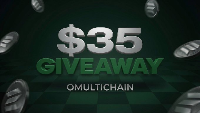 The image is a promotional graphic featuring large silver "$35 GIVEAWAY" text with "OMULTICHAIN" below it, surrounded by floating cryptocurrency coins on a dark green checkered background. It visually reinforces the post's announcement of a $35 USDT giveaway to two winners for registering on ClickOptions and joining their Demo Trading Championship.