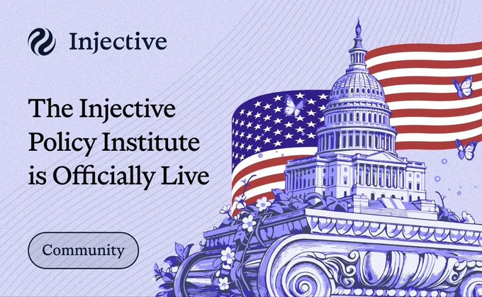 An Injective announcement graphic stating 'The Injective Policy Institute is Officially Live,' featuring an illustration of the U.S. Capitol building with the American flag.