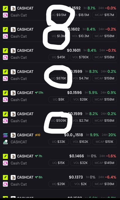 A dark-themed cryptocurrency tracker displays multiple rows of 'CASHCAT' tokens with varying metrics, including prices ranging from $0.1373 to $0.1602, and large white letters 'B' and 'O' written over the top.
