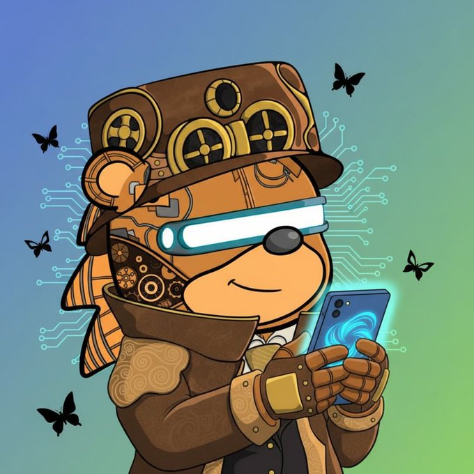 A steampunk-style anthropomorphic dog character with mechanical features and a top hat looks at a glowing smartphone, with butterflies and circuit patterns in the background.