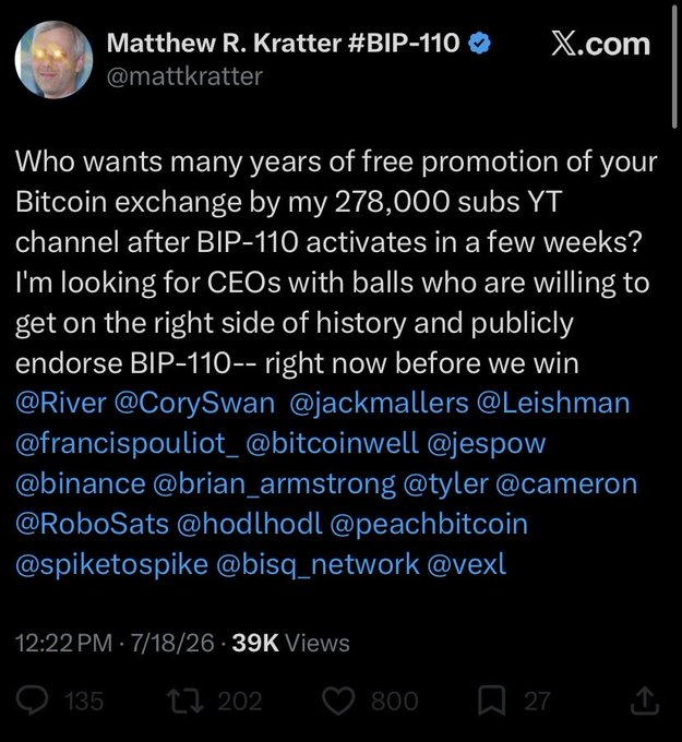 A tweet by Matthew R. Kratter (@mattkratter) asking CEOs to endorse BIP-110, tagging multiple crypto-related accounts, posted 7/18/26 with 39K views.