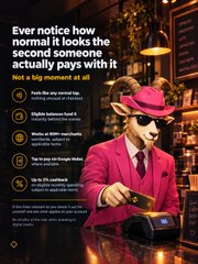 A person in a pink suit and red fedora stands behind a counter using a card reader, with overlaid text reading "Ever notice how normal it looks the second someone actually pays with it" and "Not a big moment at all," alongside bullet points about Bluetooth payments and Apple Wallet compatibility. The image reinforces the post's message by showing crypto being used as an everyday, "boring" payment method rather than an exciting trading event.