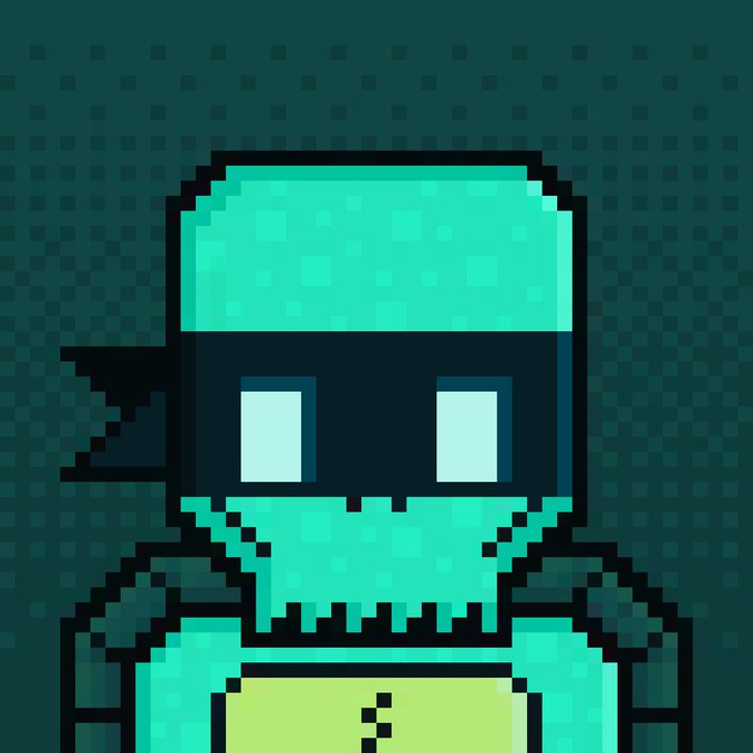 A pixel art portrait of a character wearing a teal helmet, mask, and vest, resembling a retro video game avatar against a dark green checkered background.