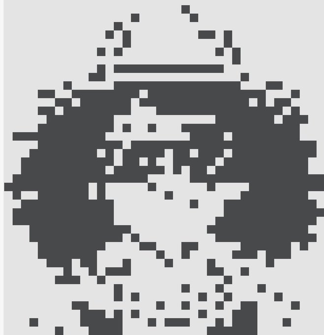 A highly pixelated, low-resolution black and white image that appears to show a figure or face.