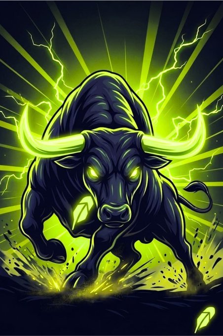 A fierce neon-green and black bull charges forward with glowing eyes and horns, surrounded by electric lightning bolts and explosive energy bursts. The aggressive, powerful imagery perfectly complements the "🚀🚀🚀" post, symbolizing a bullish market surge, momentum, and unstoppable upward momentum in trading or investing.