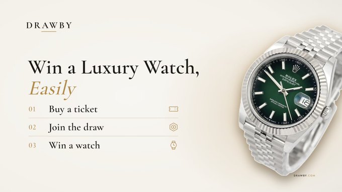 A promotional banner for 'DRAWBY' showing a Rolex watch with the text 'Win a Luxury Watch, Easily' and three steps: '01 Buy a ticket', '02 Join the draw', '03 Win a watch'.