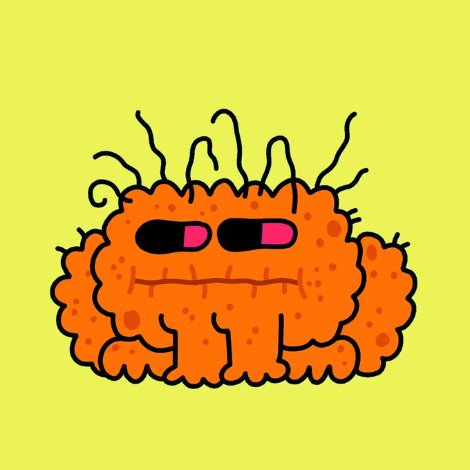 A cartoon illustration of an orange, fuzzy creature with sunglasses, antennae, and visible fangs on a yellow-green background.