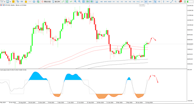 A weekly BTCUSD candlestick chart on MetaTrader Web5 displays Bitcoin's price action with red and green candles, two moving average lines, and an MTF RSI indicator (13/15/15/8/13/13/8/13/8) below showing recent bullish momentum. The chart includes date ranges from May 2024 to late June 2025 and price levels around $64,000-$112,000, supporting the post's view that Bitcoin's recent uptrend may not be over despite the author's SOL position sitting on a small floating loss.