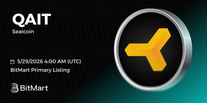 The image features a logo for Sealcoin, which is a native utility and governance token of the SEALCOIN ecosystem. The logo includes a yellow triangle with an arrow pointing towards the word "QAIT" written below it. The text on the image indicates that the primary listing of Sealcoin is scheduled to occur at 5:29 PM (4:26 PM) on Saturday, May 26th, and at 4:26 AM (9:26 AM), during which time users can access the Bitmart Primary Listing page for Sealcoin.
