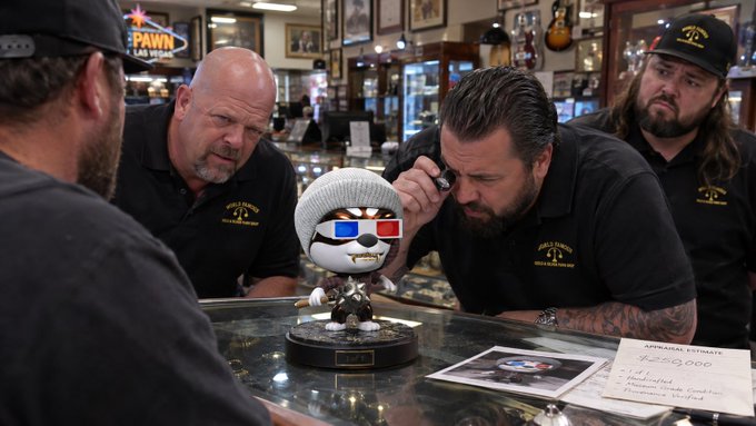 A scene from "Pawn Stars" on the Gold & Silver Pawn Shop showing Rick Harrison and Chumlee examining a Funko Pop figure wearing 3D glasses, with an appraisal certificate showing $9,200,000.