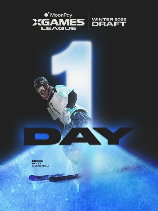 A promotional poster for the MoonPay X Games League Winter 2026 Draft featuring a snowboarder with the text '1 DAY' prominently displayed.