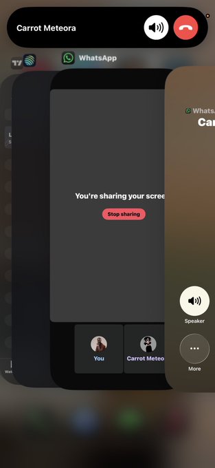 The image shows an active WhatsApp video call with "Carrot Meteora" featuring a screen sharing session that displays a "Stop sharing" button. The call interface shows the user's profile and Carrot Meteora's avatar, suggesting the poster just received a 30-minute video call walkthrough from Carrot on opening an LP position on Meteora, as mentioned in the post.