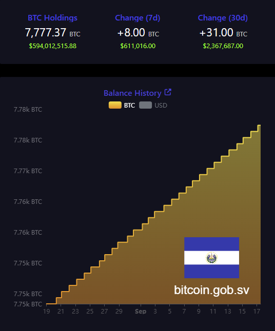 A dashboard screenshot from bitcoin.gob.sv showing El Salvador's Bitcoin holdings with a current balance of 7,777.37 BTC valued at $594,012,515.88, including a 7-day change of +8.00 BTC and 30-day change of +31.00 BTC, alongside a balance history chart.